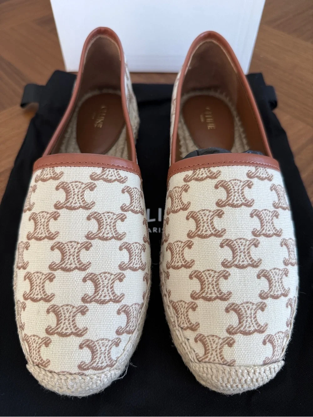 CELINE Cream & Brown Logo Espadrille Slip-Ons, 38